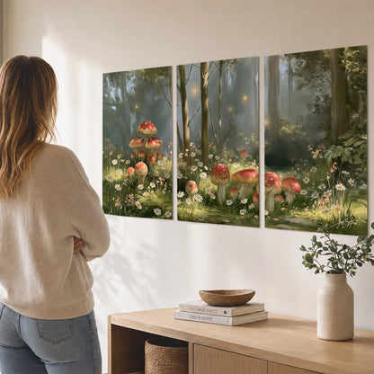 Red-capped mushrooms and white flowers beside tall trees in a sunlit forest set of 3 poster prints three panel arrangement on a wall