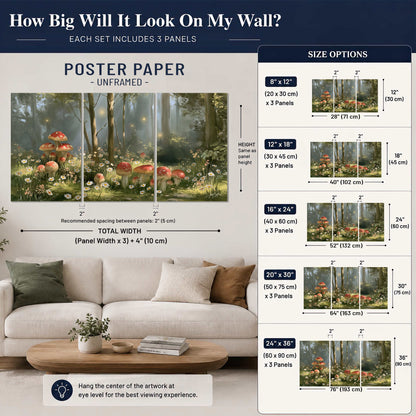 Red-capped mushrooms and white flowers beside tall trees in a sunlit forest set of 3 poster prints size guide above a sofa; room view is illustrative