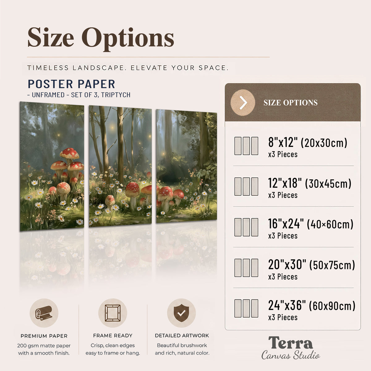 Red-capped mushrooms and white flowers beside tall trees in a sunlit forest set of 3 poster prints available dimensions; triptych dimensions are per panel
