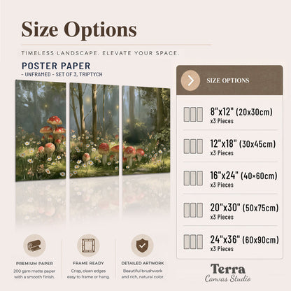 Red-capped mushrooms and white flowers beside tall trees in a sunlit forest set of 3 poster prints available dimensions; triptych dimensions are per panel