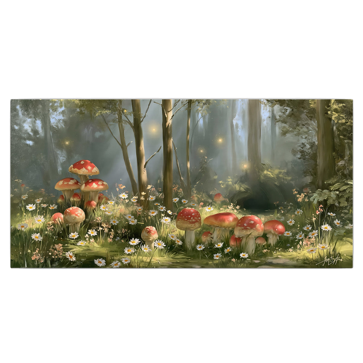 Red-capped mushrooms and white flowers beside tall trees in a sunlit forest single canvas wall art viewed straight on