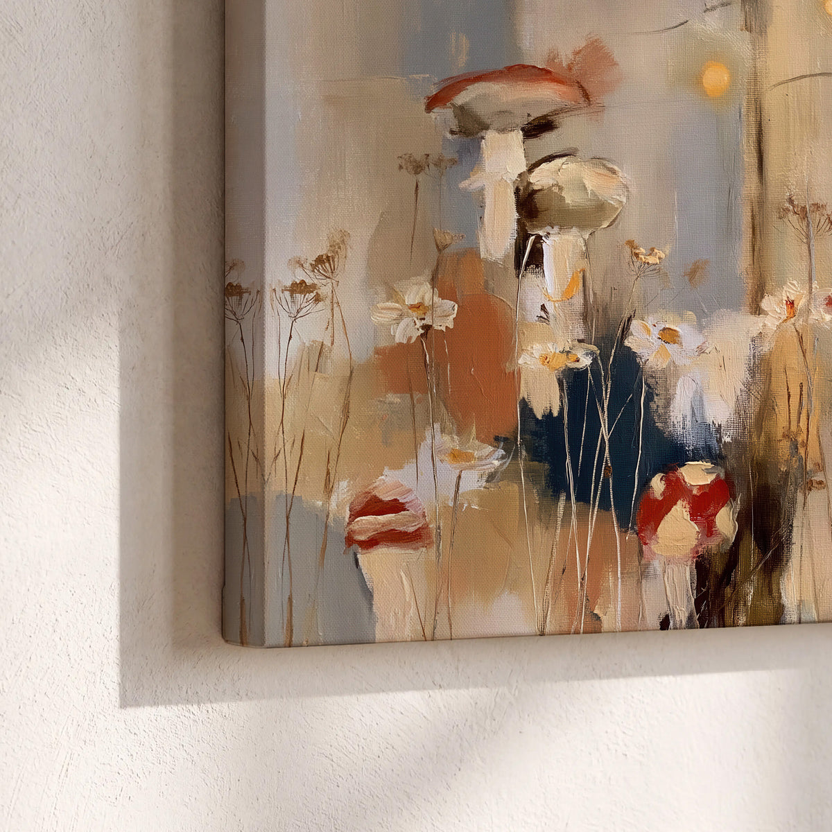 Loose mushroom and flower forms among vertical blue, ochre and cream strokes 3 piece canvas wall art material and edge close up
