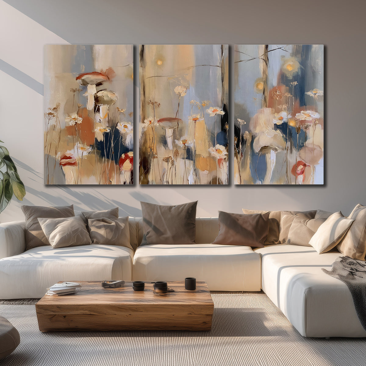 Loose mushroom and flower forms among vertical blue, ochre and cream strokes 3 piece canvas wall art displayed in a living room