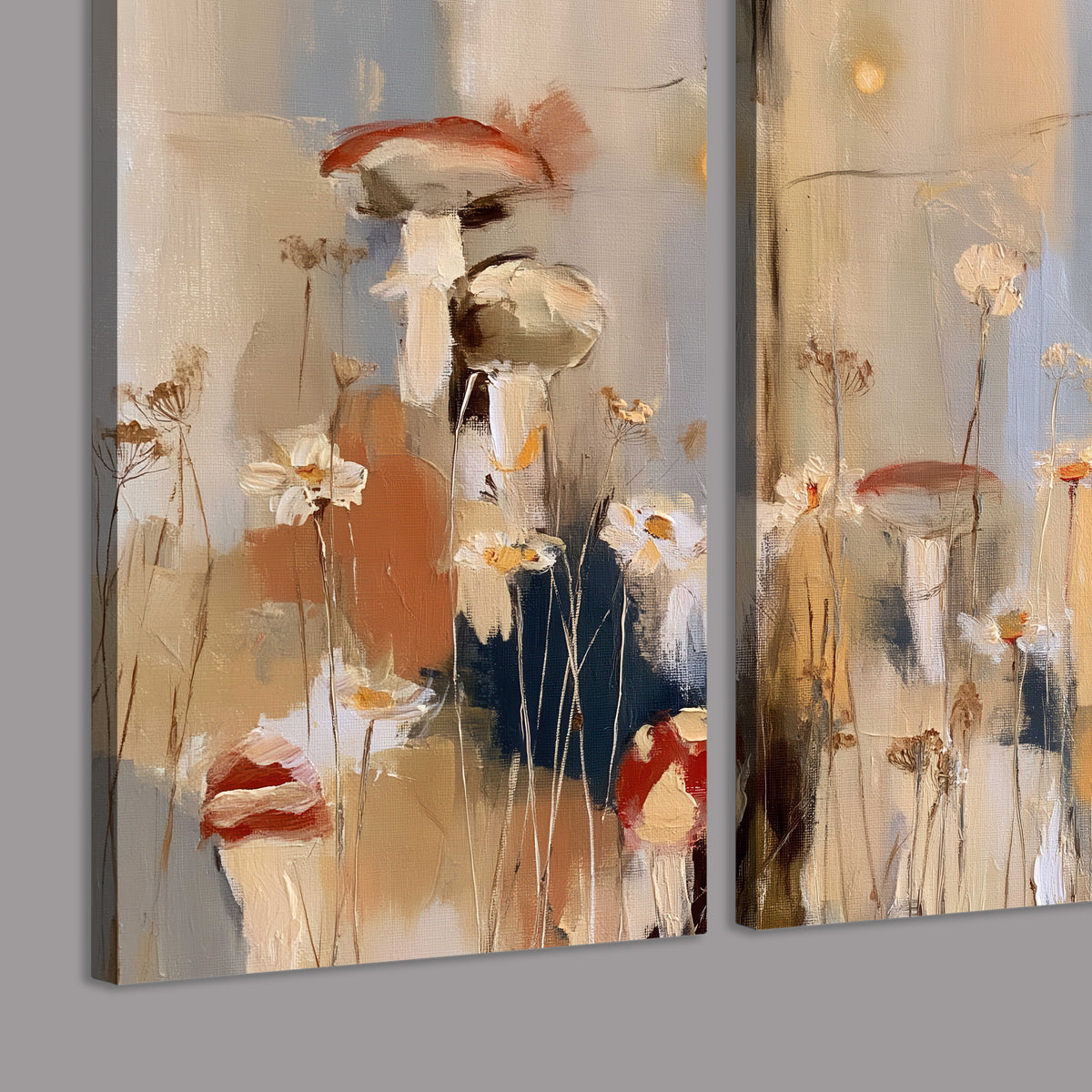 Loose mushroom and flower forms among vertical blue, ochre and cream strokes 3 piece canvas wall art room and product view