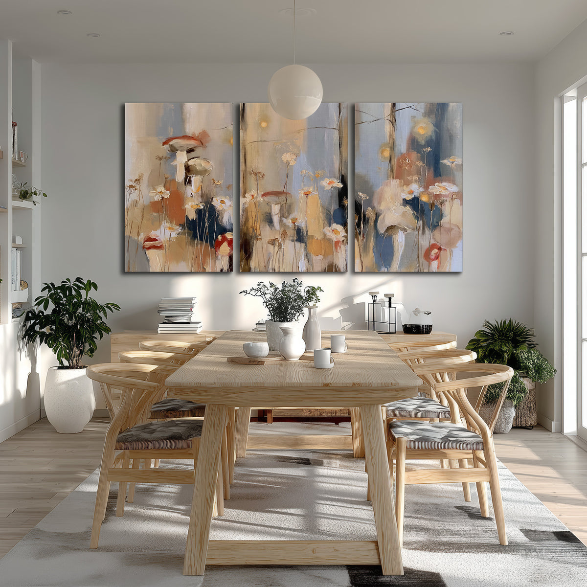 Loose mushroom and flower forms among vertical blue, ochre and cream strokes 3 piece canvas wall art room and product view