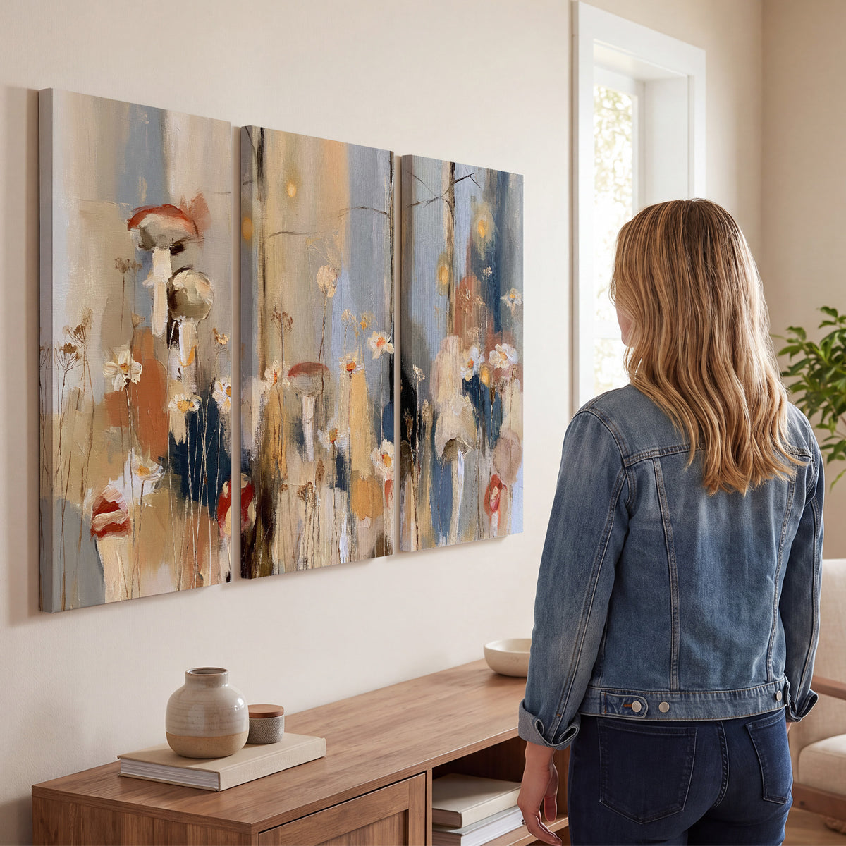 Loose mushroom and flower forms among vertical blue, ochre and cream strokes 3 piece canvas wall art three panel arrangement on a wall