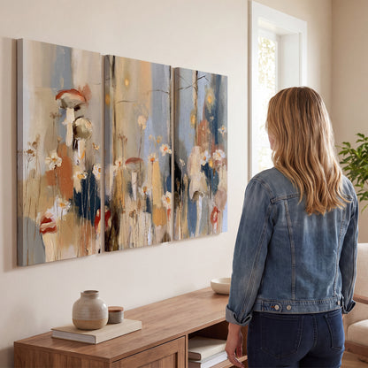 Loose mushroom and flower forms among vertical blue, ochre and cream strokes 3 piece canvas wall art three panel arrangement on a wall
