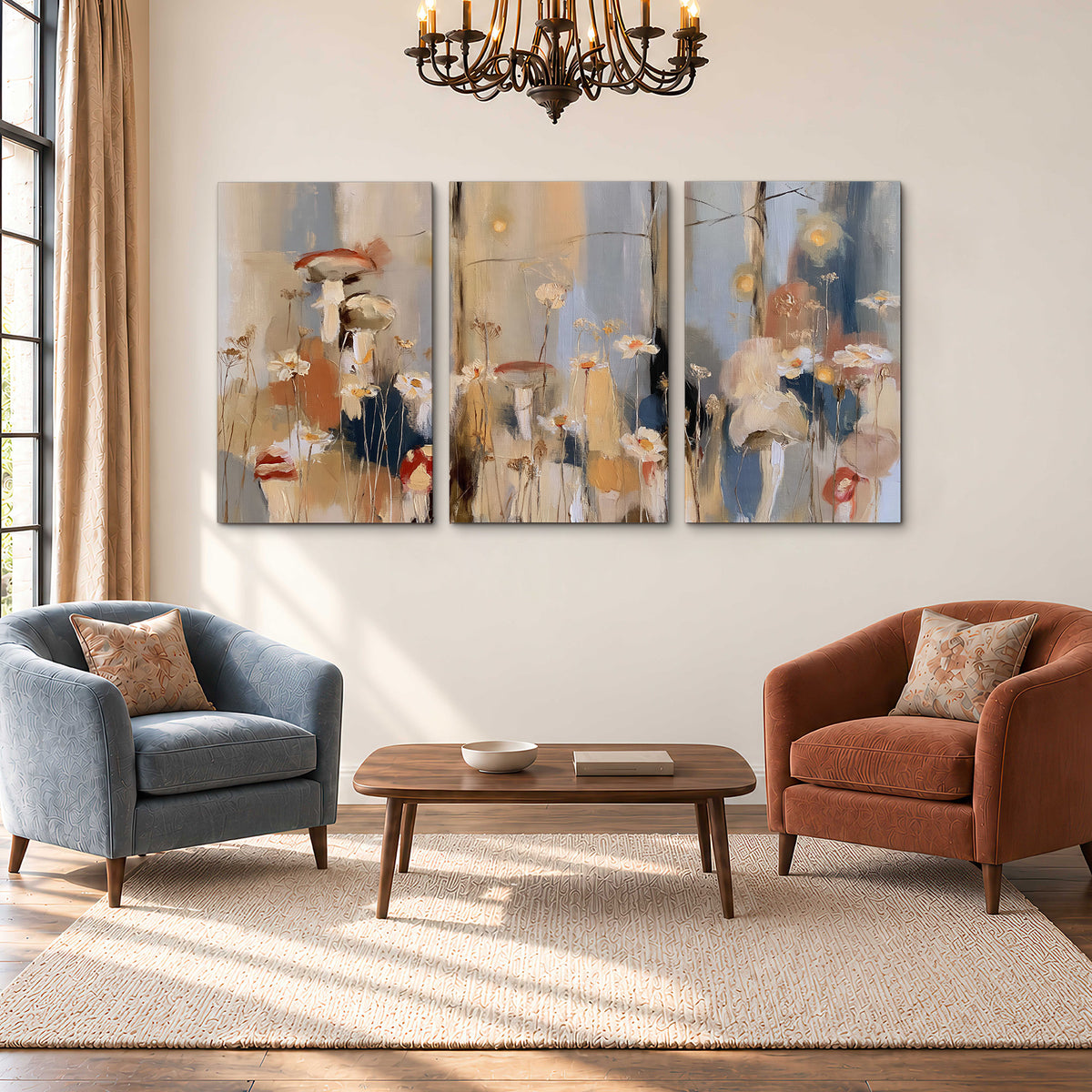 Loose mushroom and flower forms among vertical blue, ochre and cream strokes 3 piece canvas wall art styled in an interior