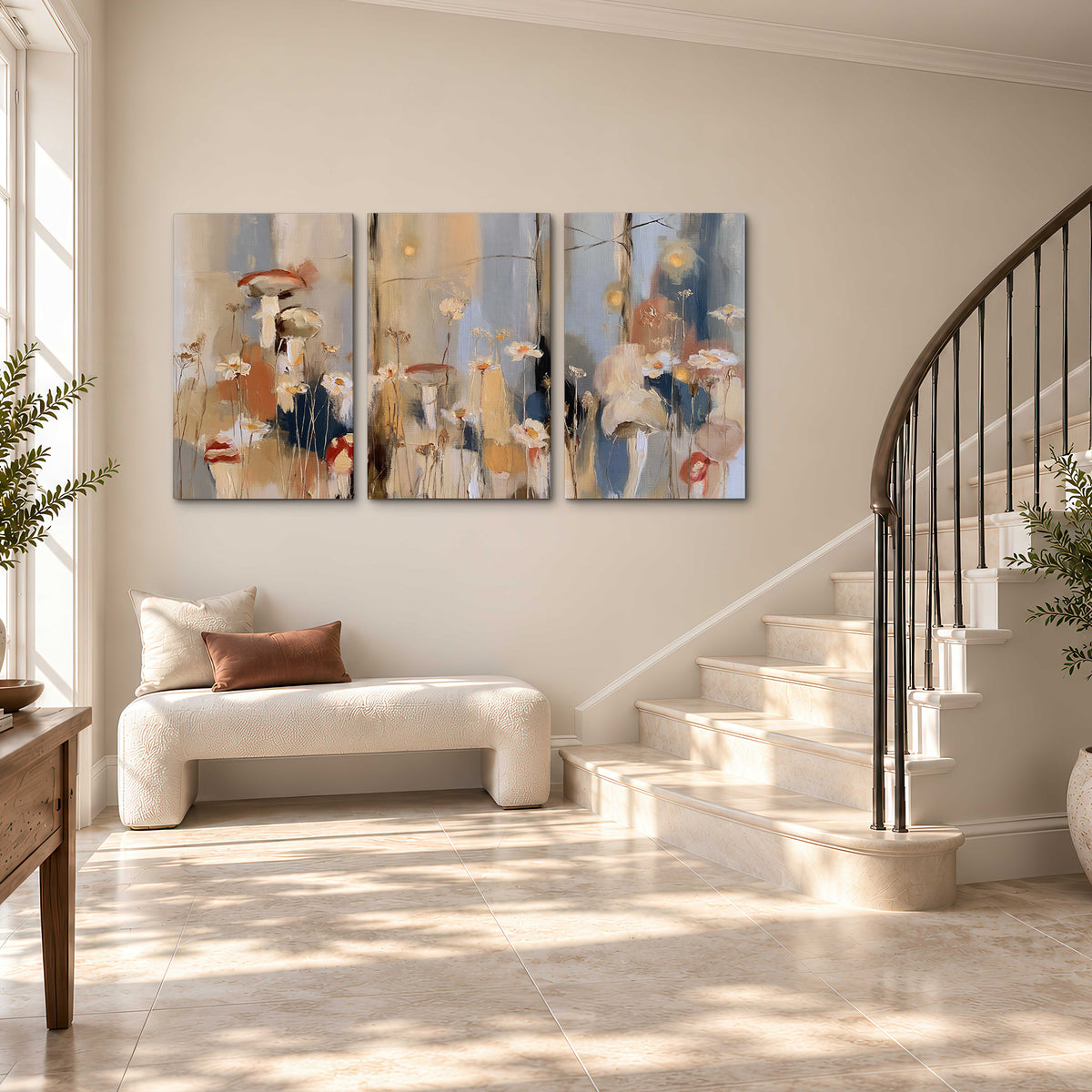 Loose mushroom and flower forms among vertical blue, ochre and cream strokes 3 piece canvas wall art styled in an interior
