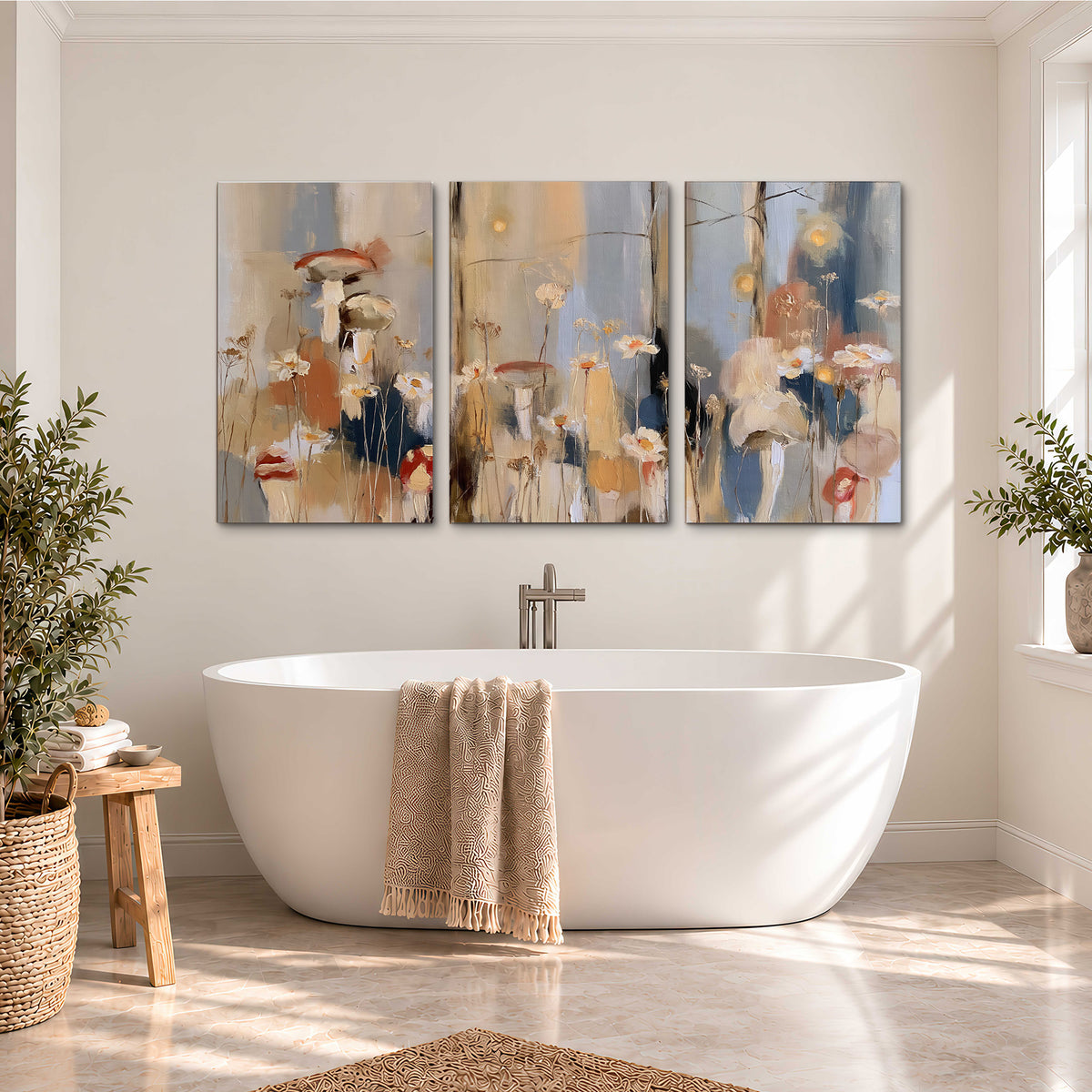 Loose mushroom and flower forms among vertical blue, ochre and cream strokes 3 piece canvas wall art styled in an interior