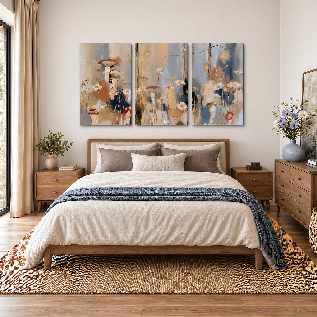 Loose mushroom and flower forms among vertical blue, ochre and cream strokes 3 piece canvas wall art styled in an interior