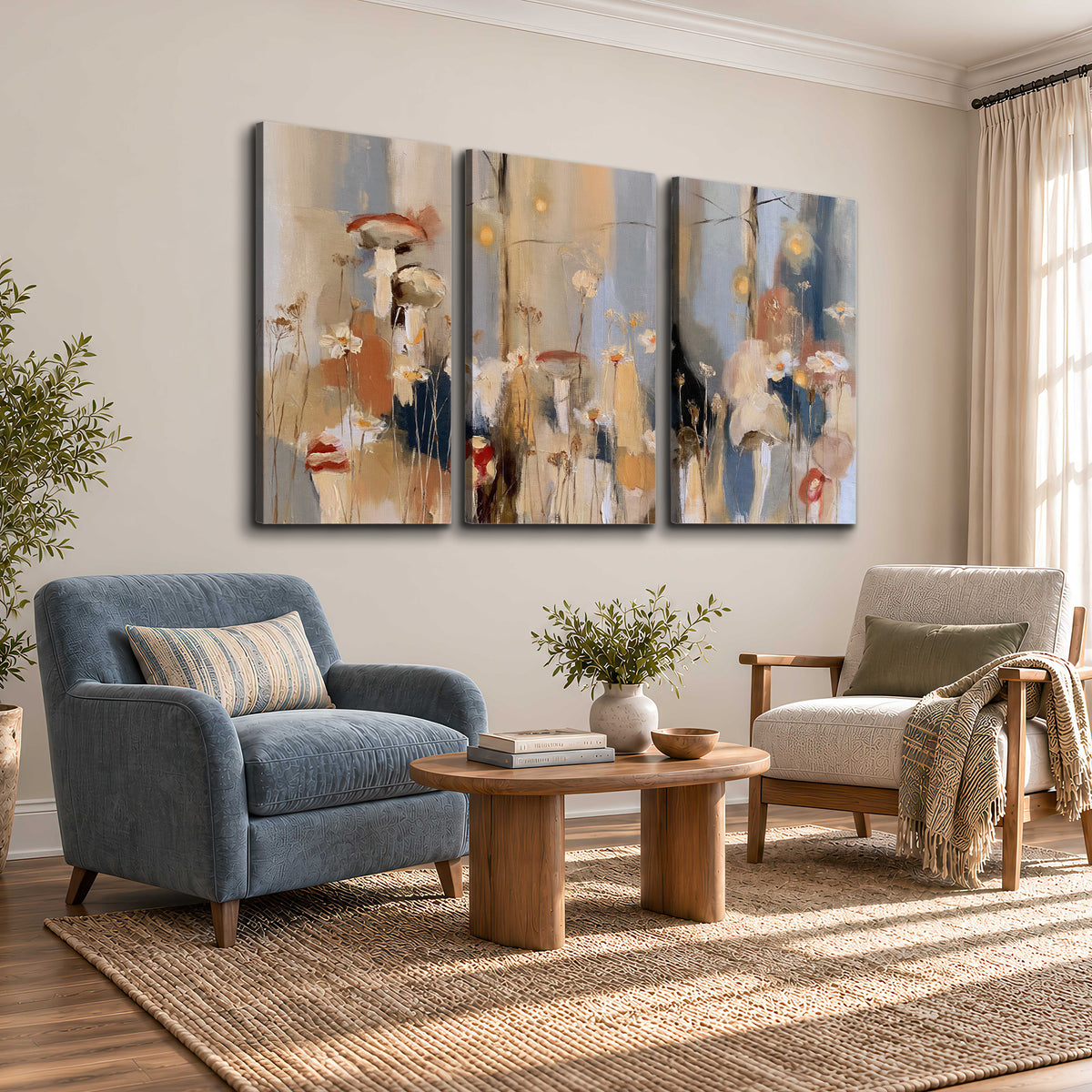 Loose mushroom and flower forms among vertical blue, ochre and cream strokes 3 piece canvas wall art styled in an interior