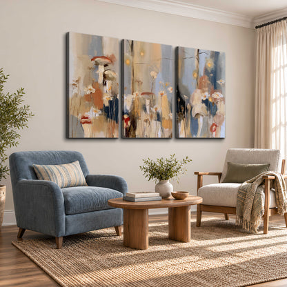 Loose mushroom and flower forms among vertical blue, ochre and cream strokes 3 piece canvas wall art styled in an interior