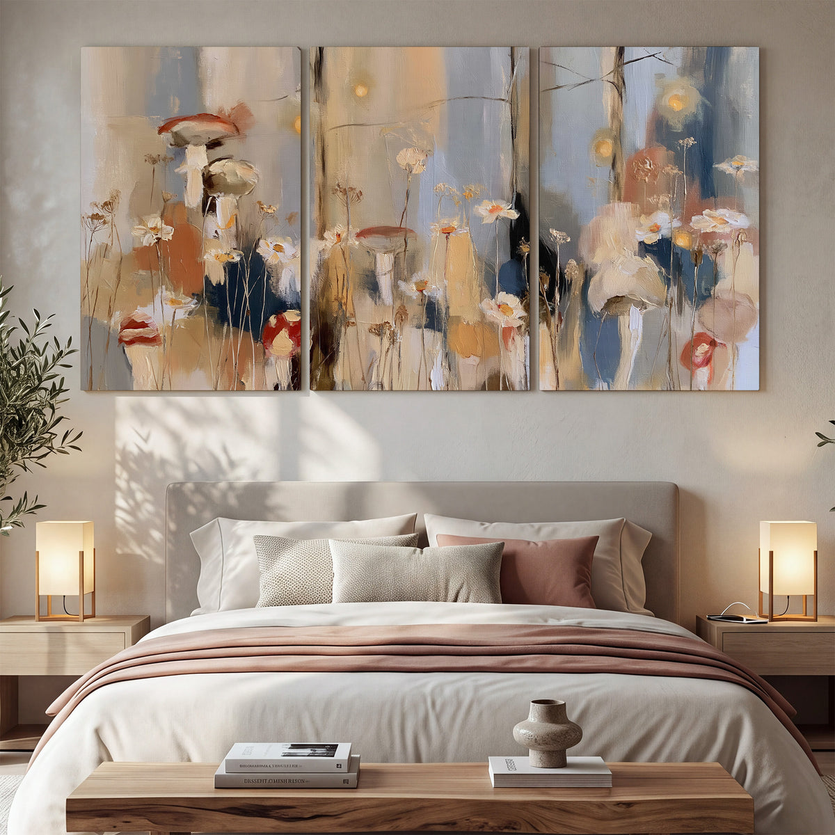 Loose mushroom and flower forms among vertical blue, ochre and cream strokes 3 piece canvas wall art displayed in a bedroom