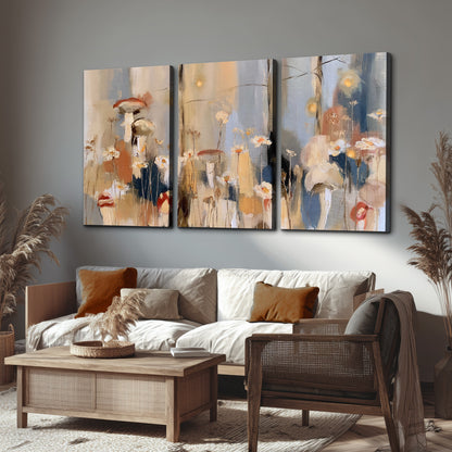Loose mushroom and flower forms among vertical blue, ochre and cream strokes 3 piece canvas wall art displayed in a rustic living room