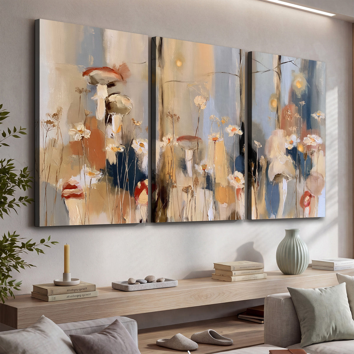 Loose mushroom and flower forms among vertical blue, ochre and cream strokes 3 piece canvas wall art displayed in a console