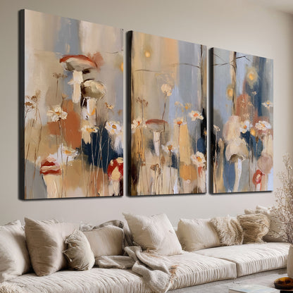Loose mushroom and flower forms among vertical blue, ochre and cream strokes 3 piece canvas wall art room and product view