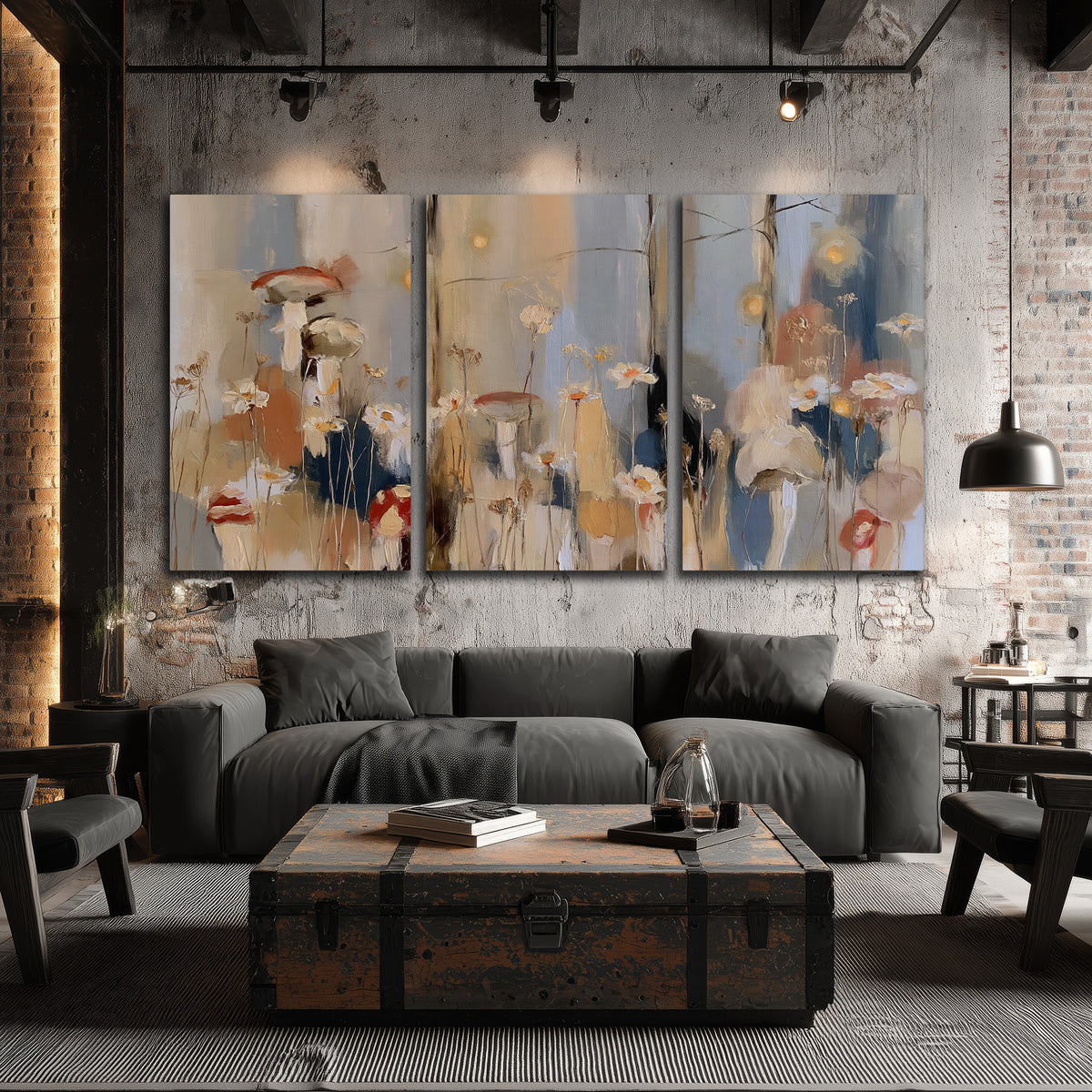 Loose mushroom and flower forms among vertical blue, ochre and cream strokes 3 piece canvas wall art displayed in a industrial room