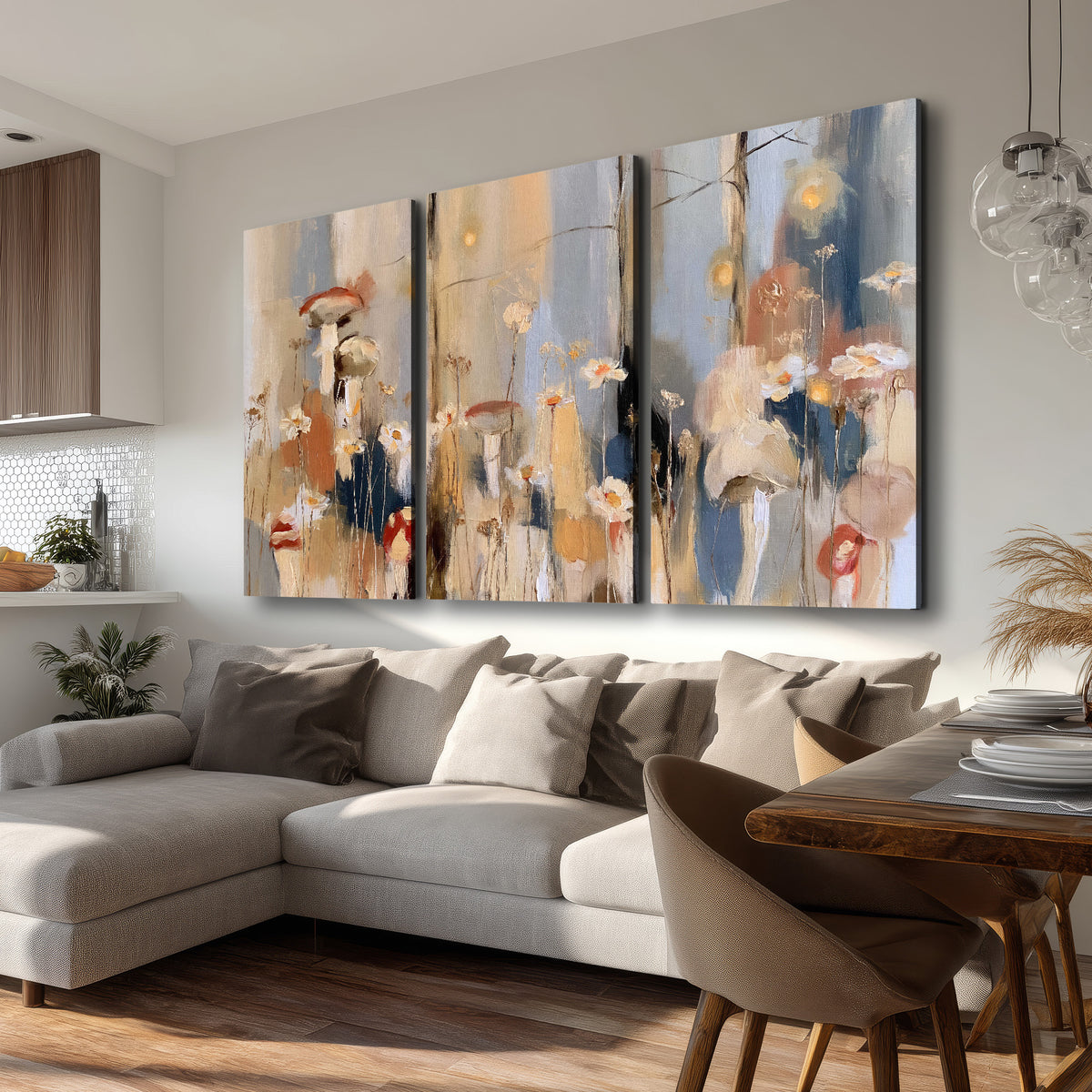 Loose mushroom and flower forms among vertical blue, ochre and cream strokes 3 piece canvas wall art room and product view