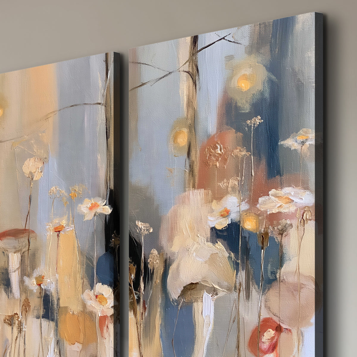 Loose mushroom and flower forms among vertical blue, ochre and cream strokes 3 piece canvas wall art room and product view