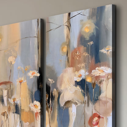 Loose mushroom and flower forms among vertical blue, ochre and cream strokes 3 piece canvas wall art room and product view
