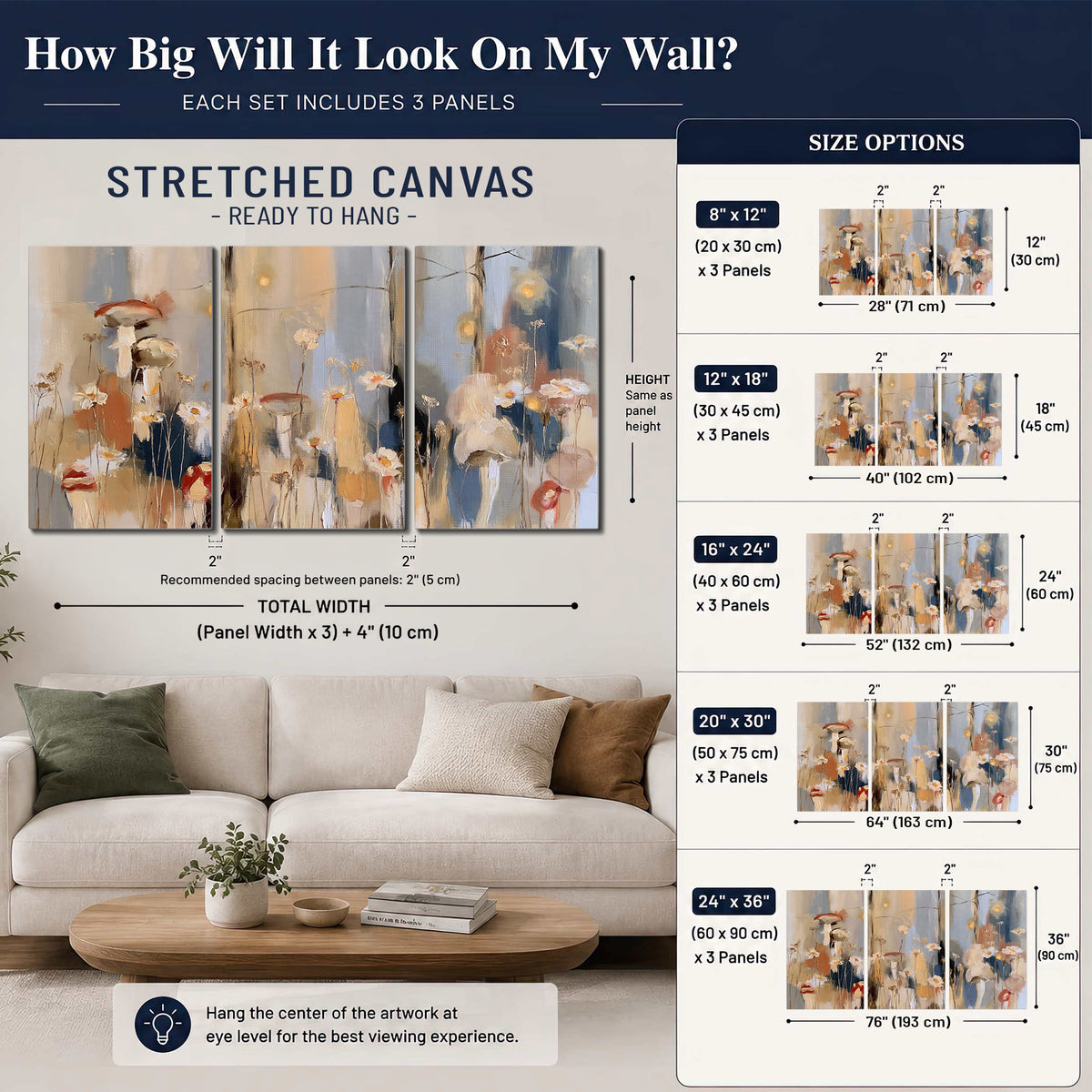 Loose mushroom and flower forms among vertical blue, ochre and cream strokes 3 piece canvas wall art size guide above a sofa; room view is illustrative