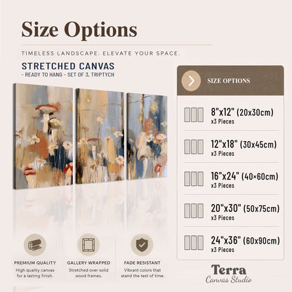 Loose mushroom and flower forms among vertical blue, ochre and cream strokes 3 piece canvas wall art available dimensions; triptych dimensions are per panel