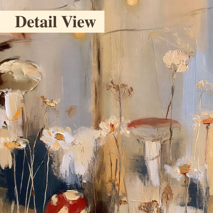 Loose mushroom and flower forms among vertical blue, ochre and cream strokes 3 piece canvas wall art artwork detail close up