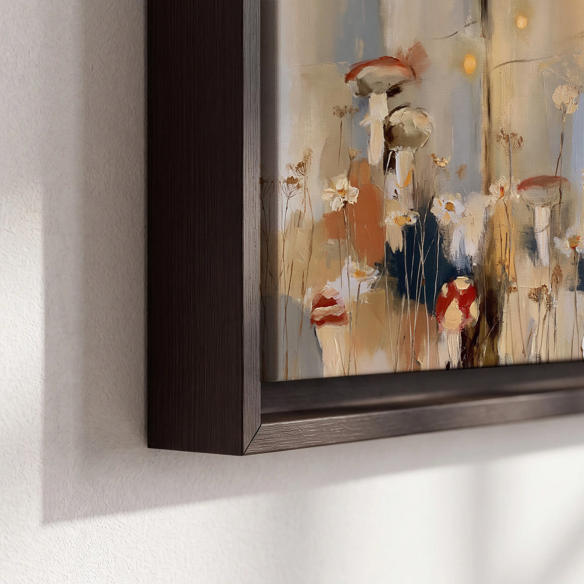 Loose mushroom and flower forms among vertical blue, ochre and cream strokes 3 piece framed canvas wall art material and edge close up