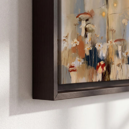 Loose mushroom and flower forms among vertical blue, ochre and cream strokes 3 piece framed canvas wall art material and edge close up