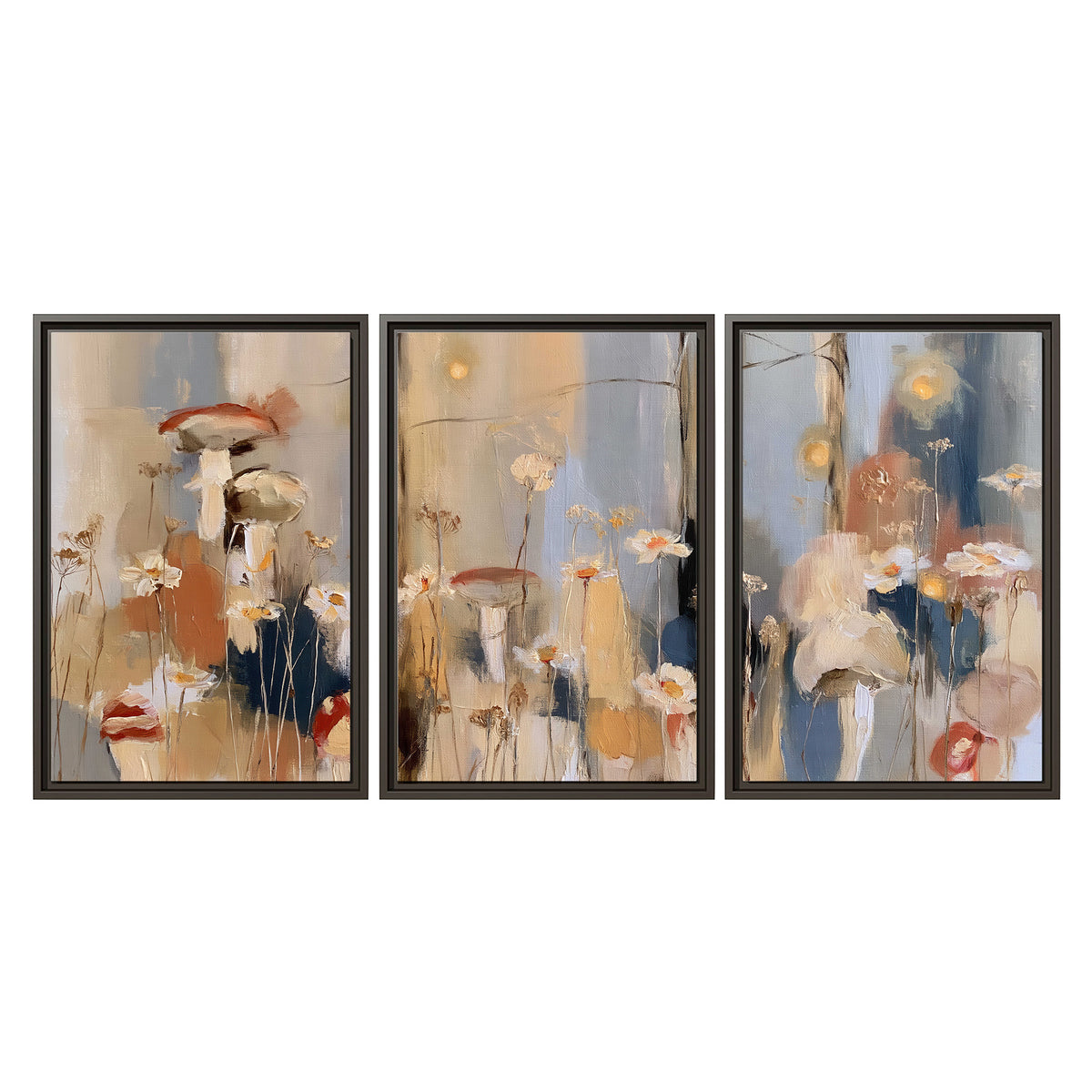 Loose mushroom and flower forms among vertical blue, ochre and cream strokes 3 piece framed canvas wall art viewed straight on