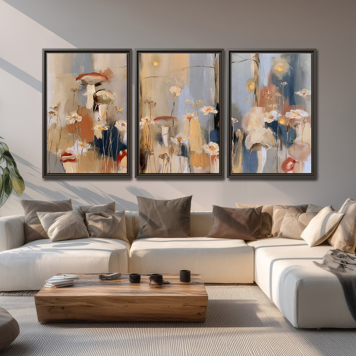Loose mushroom and flower forms among vertical blue, ochre and cream strokes 3 piece framed canvas wall art displayed in a living room