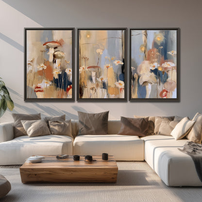 Loose mushroom and flower forms among vertical blue, ochre and cream strokes 3 piece framed canvas wall art displayed in a living room
