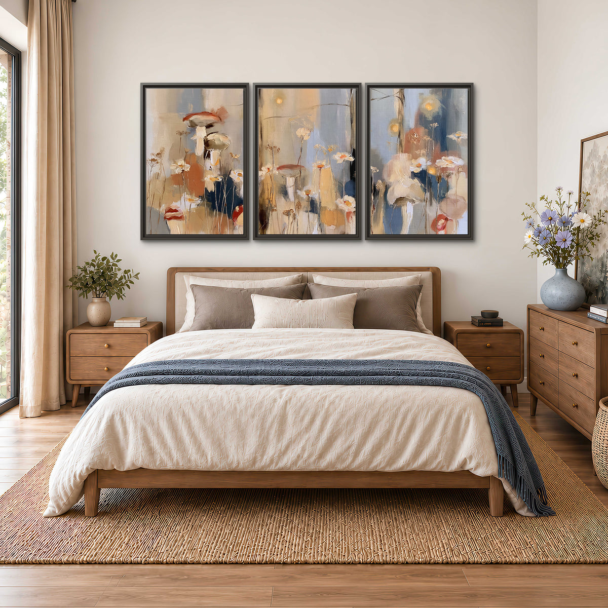 Loose mushroom and flower forms among vertical blue, ochre and cream strokes 3 piece framed canvas wall art styled in an interior