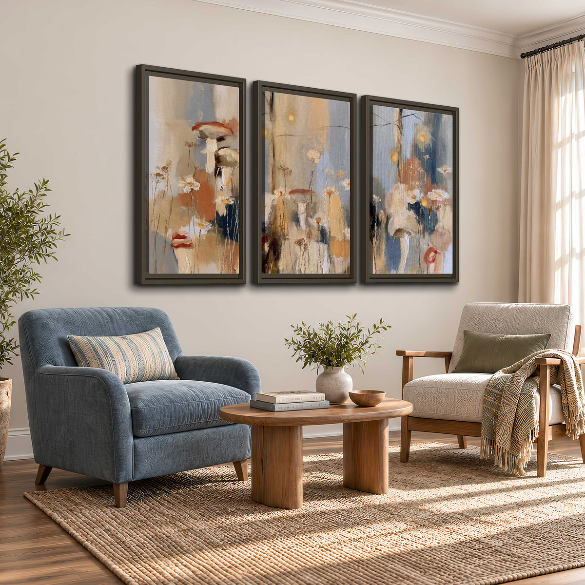 Loose mushroom and flower forms among vertical blue, ochre and cream strokes 3 piece framed canvas wall art styled in an interior