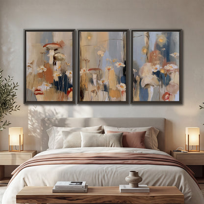 Loose mushroom and flower forms among vertical blue, ochre and cream strokes 3 piece framed canvas wall art displayed in a bedroom