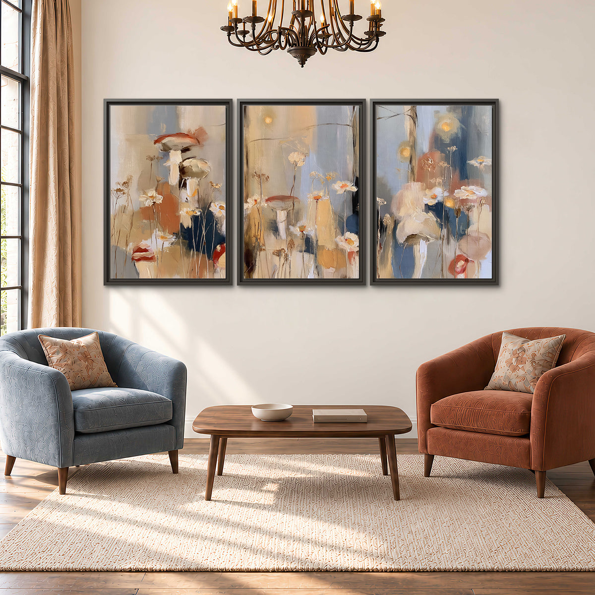 Loose mushroom and flower forms among vertical blue, ochre and cream strokes 3 piece framed canvas wall art styled in an interior