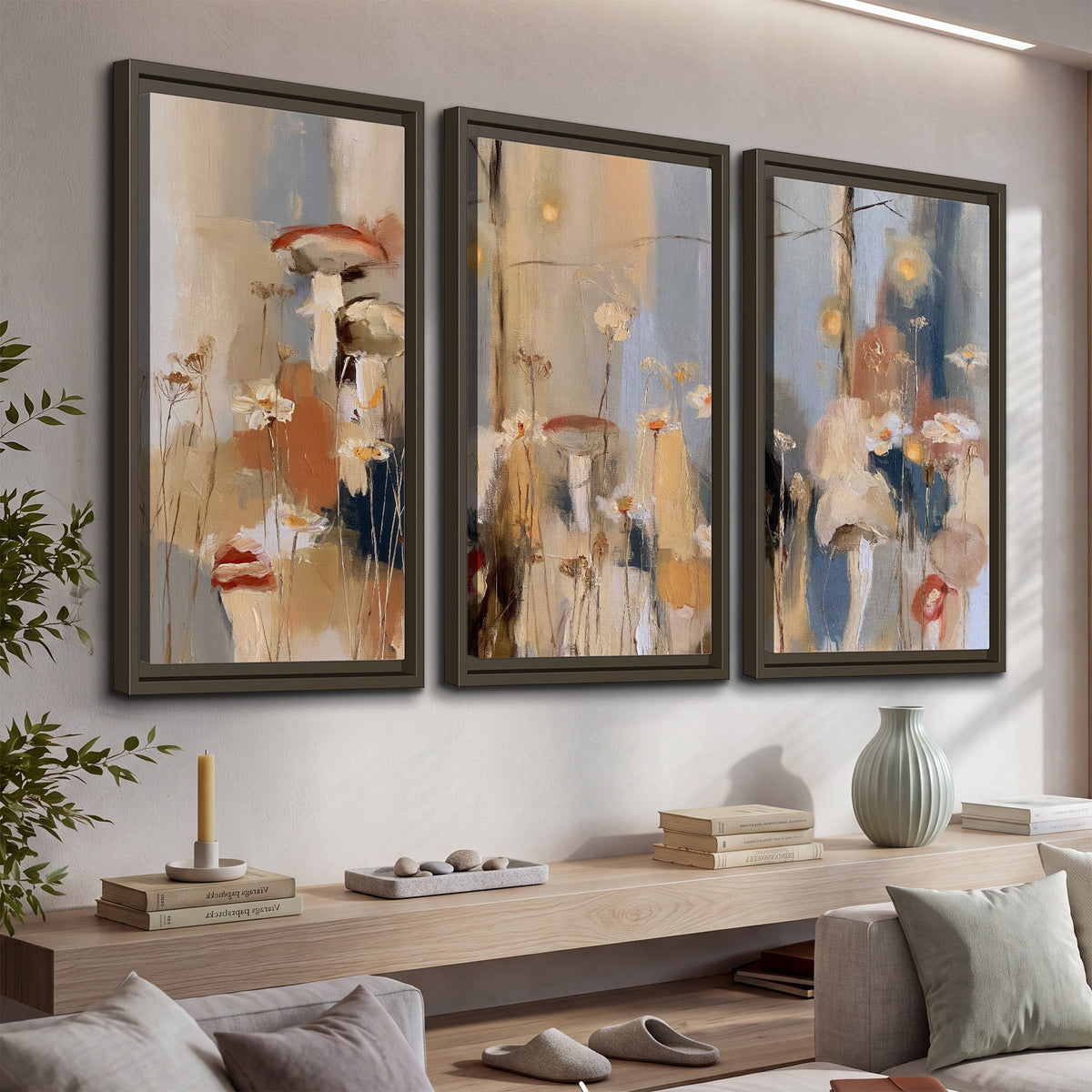 Loose mushroom and flower forms among vertical blue, ochre and cream strokes 3 piece framed canvas wall art displayed in a console