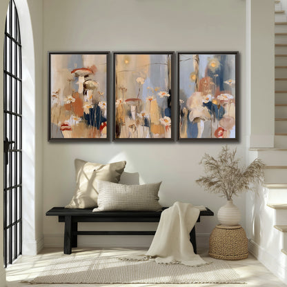 Loose mushroom and flower forms among vertical blue, ochre and cream strokes 3 piece framed canvas wall art displayed in a entryway