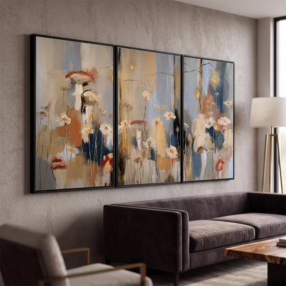 Loose mushroom and flower forms among vertical blue, ochre and cream strokes 3 piece framed canvas wall art displayed in a modern living room