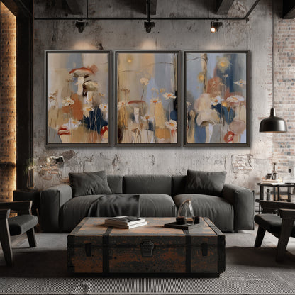 Loose mushroom and flower forms among vertical blue, ochre and cream strokes 3 piece framed canvas wall art displayed in a industrial room