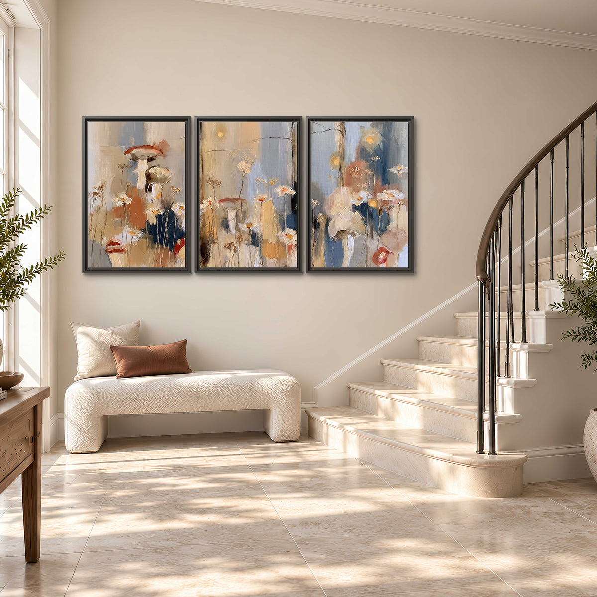 Loose mushroom and flower forms among vertical blue, ochre and cream strokes 3 piece framed canvas wall art styled in an interior