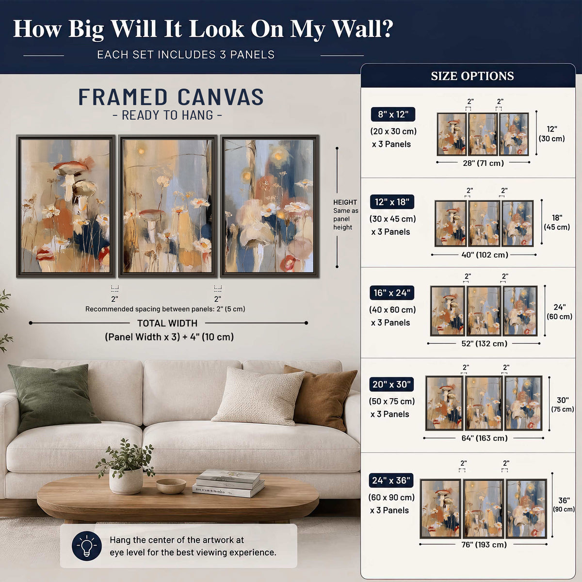 Loose mushroom and flower forms among vertical blue, ochre and cream strokes 3 piece framed canvas wall art size guide above a sofa; room view is illustrative