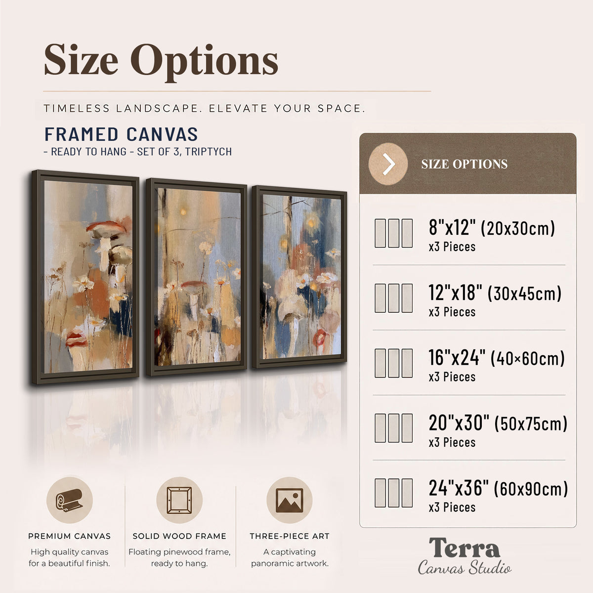 Loose mushroom and flower forms among vertical blue, ochre and cream strokes 3 piece framed canvas wall art available dimensions; triptych dimensions are per panel