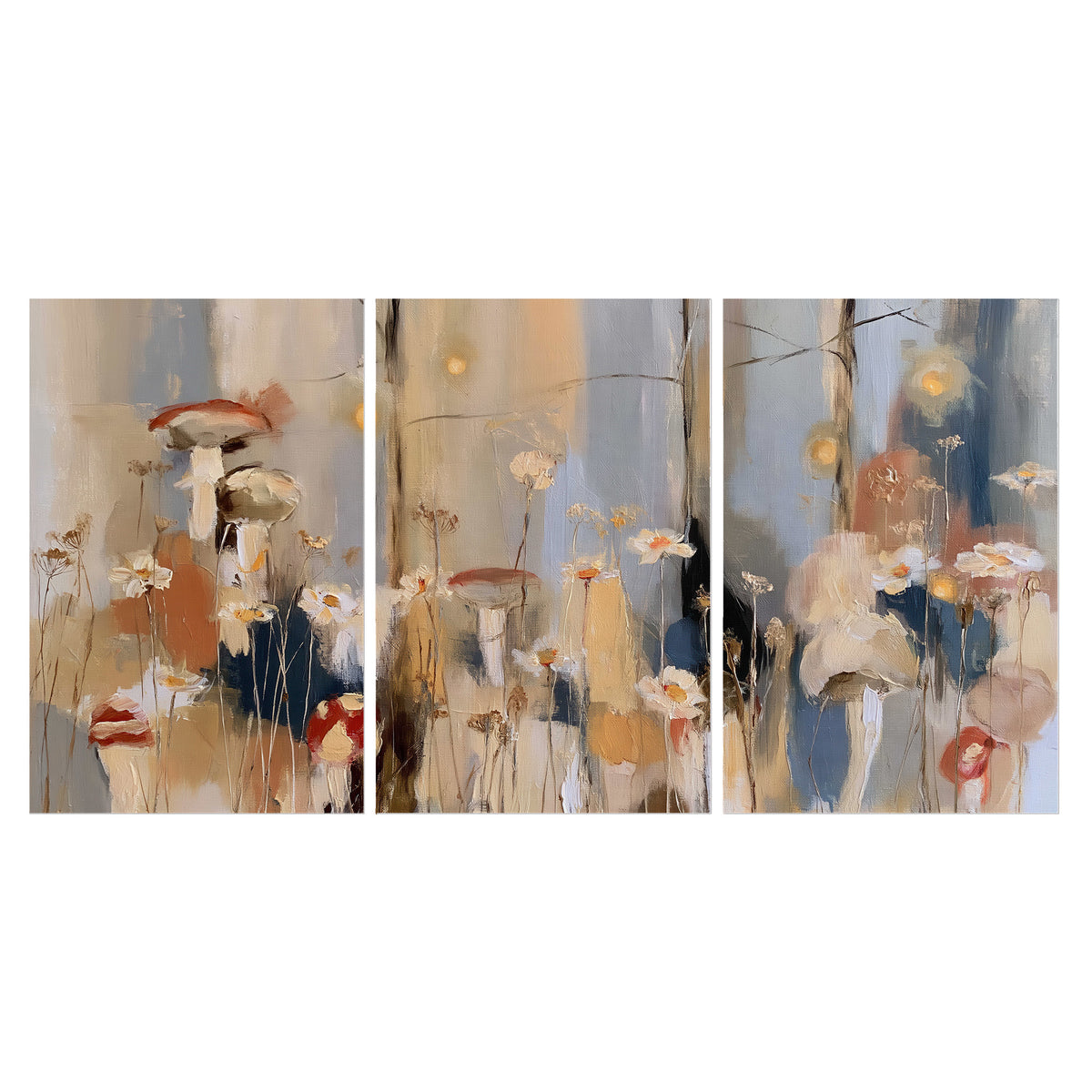 Loose mushroom and flower forms among vertical blue, ochre and cream strokes set of 3 poster prints viewed straight on