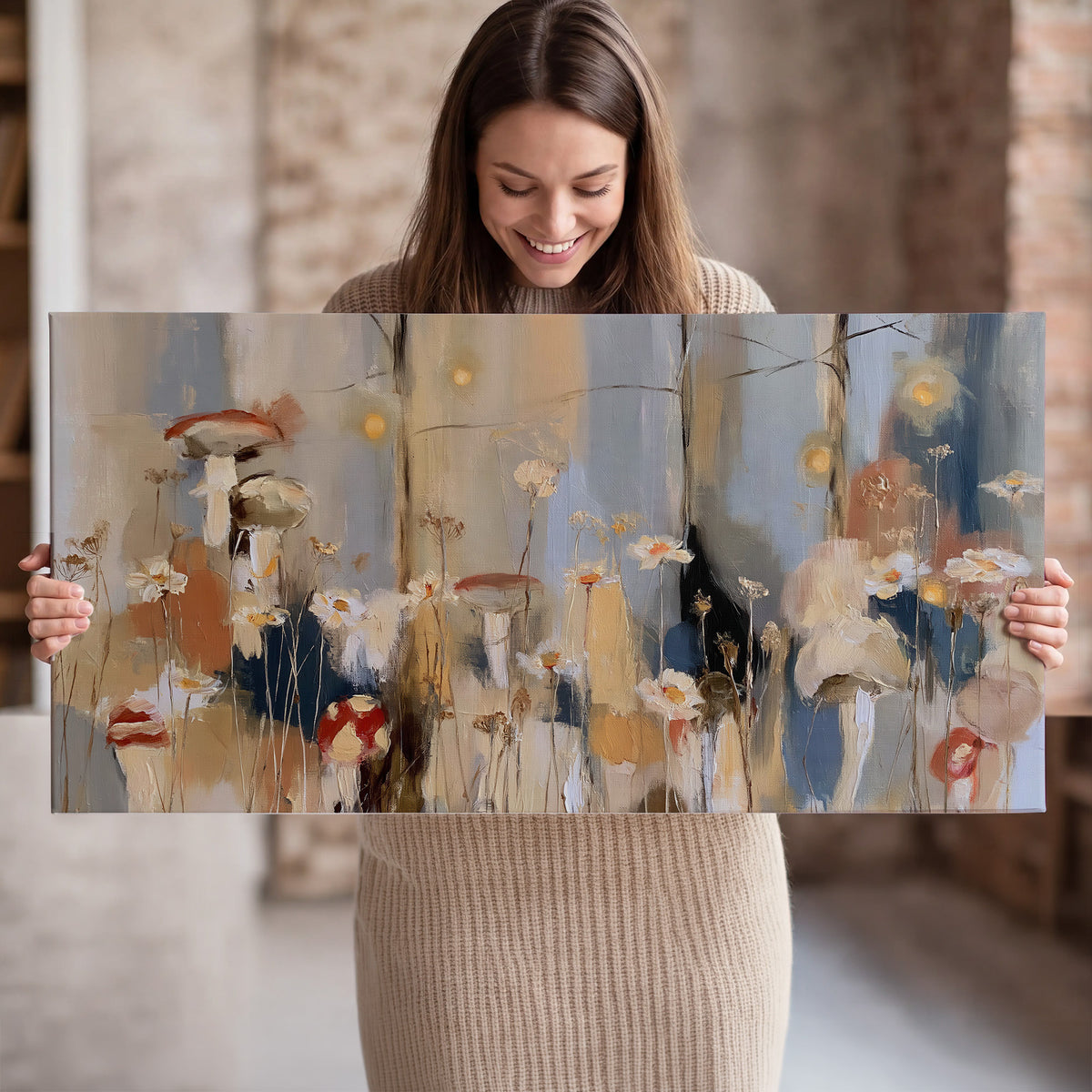 Loose mushroom and flower forms among vertical blue, ochre and cream strokes single canvas wall art held in hands