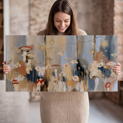 Loose mushroom and flower forms among vertical blue, ochre and cream strokes single canvas wall art held in hands