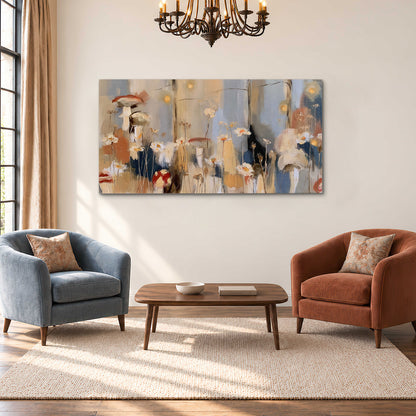 Loose mushroom and flower forms among vertical blue, ochre and cream strokes single canvas wall art styled in an interior