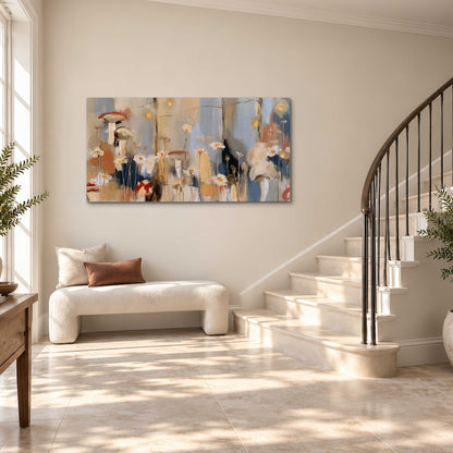 Loose mushroom and flower forms among vertical blue, ochre and cream strokes single canvas wall art styled in an interior