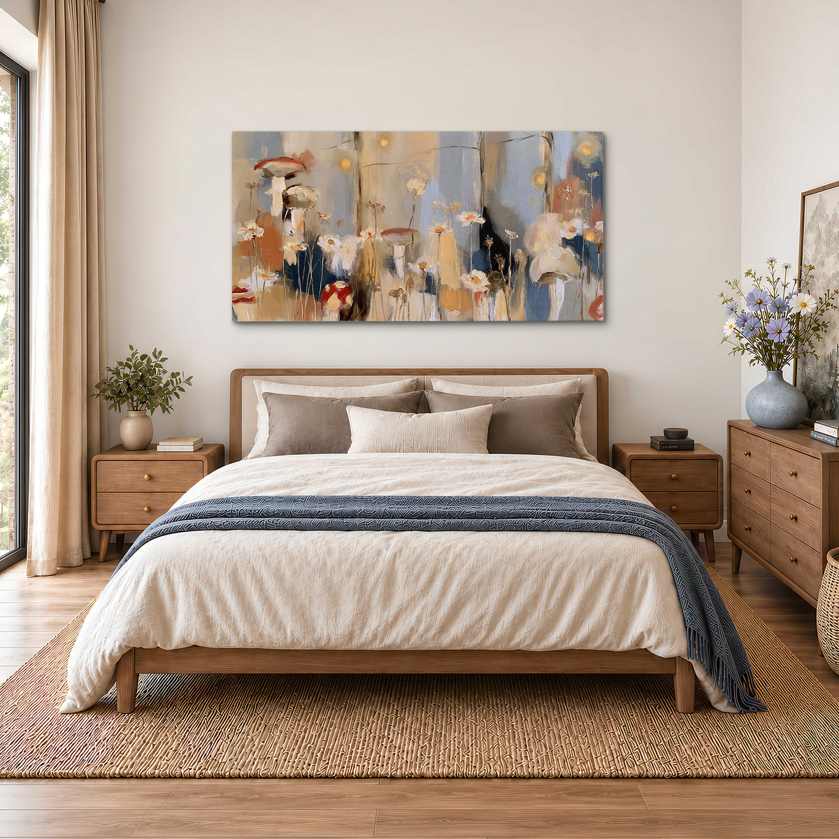 Loose mushroom and flower forms among vertical blue, ochre and cream strokes single canvas wall art styled in an interior